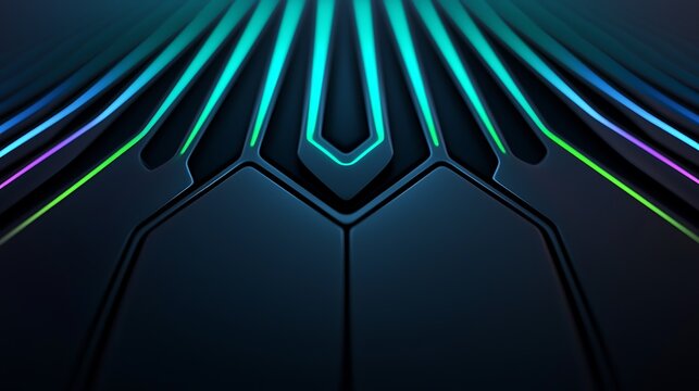 Futuristic black surface with sleek, glowing blue and green neon lines forming a symmetrical, geometric pattern.