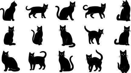 Cat Silhouettes Set - Black Cat Vector Icons on White Background
