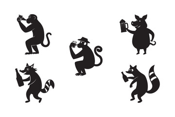 silhouette of funny animal drinking a beer, beer ,deer, dog , elephant ,and  monkey set bundle on the white background.