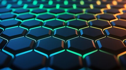 Obraz premium Close-up of a futuristic hexagonal grid pattern with blue and orange lighting creating a high-tech, digital, and modern visual effect.