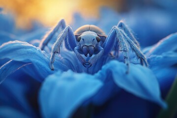 A vibrant blue spider, seemingly made of moonlight, sits majestically on a blue flower.