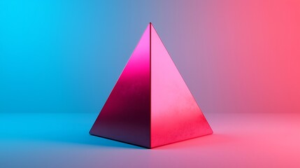 A glossy, metallic pyramid stands centered against a gradient background transitioning from blue on the left to pink on the right.