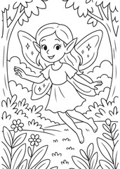 Coloring book flying fairy in the forest.