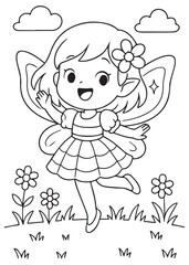 Coloring book fairy standing in a flower field.