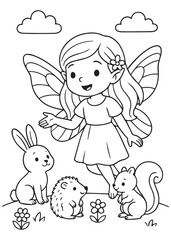 Coloring book fairy playing with woodland animals.