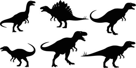 Dinosaur Silhouette Vector Set with Iconic Dino Species and Dynamic Poses on White Background
