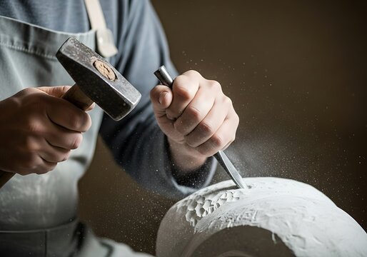 Sculptor meticulously chiseling stone with hammer and chisel