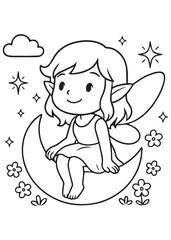 Coloring book fairy sitting on the moon.