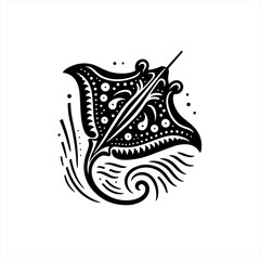 Stylized black and white stingray illustration with swirling water elements