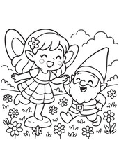 Coloring book fairy dancing with a garden gnome.