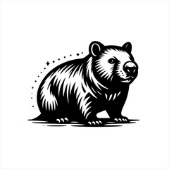Stylized black and white wombat illustration with sparkles