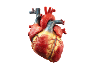 Realistic human heart anatomy detailed red blue yellow vascular system organ medical image, Isolated, Png Transparent Background