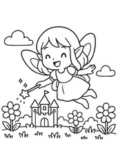 Coloring book fairy flying above a flower garden.