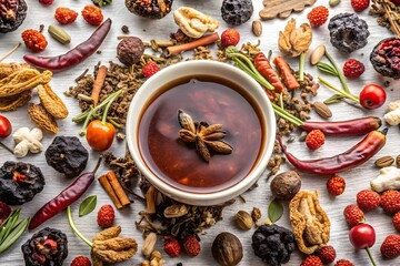 An overhead flat lay of various spices and dried ingredients arranged around a bowl of dark sauce creating a rich culinary