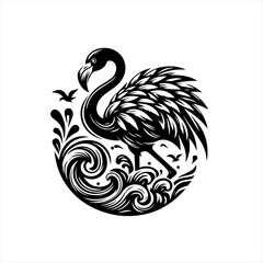 Elegant black flamingo silhouette in a circular water design