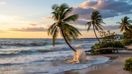 Dramatic Sunset on Tropical Beach with Palm Tree Crashing Waves