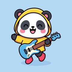Panda Musician Playing Electric Guitar in Yellow Hooded Outfit