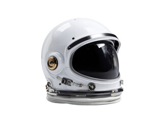 Fototapeta premium White astronaut helmet with gold accents and dark visor space exploration, Isolated, Png Transparent Background