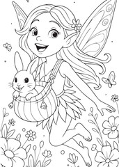Coloring book fairy flyiing with a bunny.