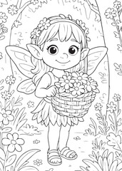 Coloring book fairy holding a basket of flowers.