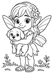 Coloring book fairy hugging a small puppy.