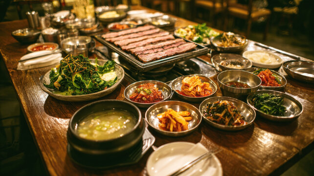 Korean barbecue, featuring thinly sliced meats grilling on a tabletop grill, surrounded by an array of colorful banchan and savory soups, perfect for a communal dining experience