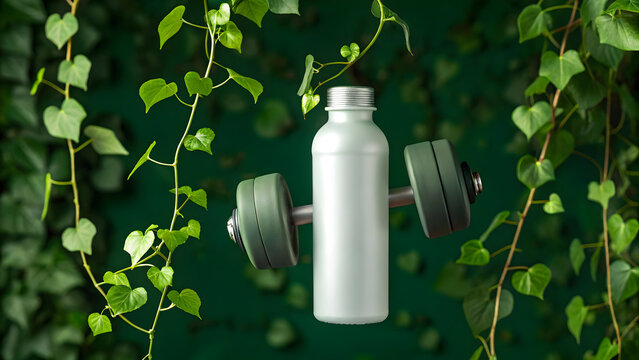 Gym water bottle lifted by vines like dumbbells