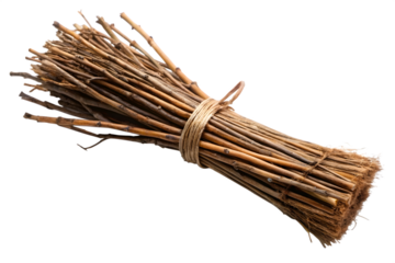 A bundle of natural twigs tied together with twine, isolated on a transparent background