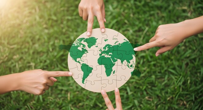 Sustainable earth day puzzle collaboration hands on world map for environmental awareness project
