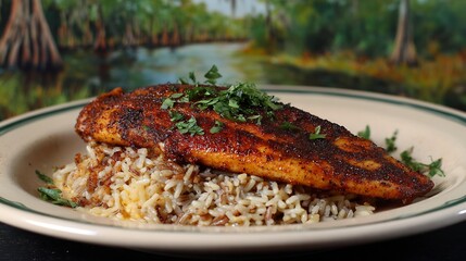 Blackened catfish fillet served dirty rice and Cajun spices bayou backdrop