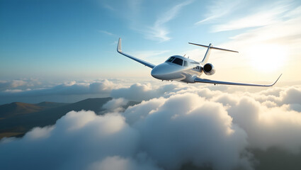 Private Jet Flying Above Clouds at Sunset