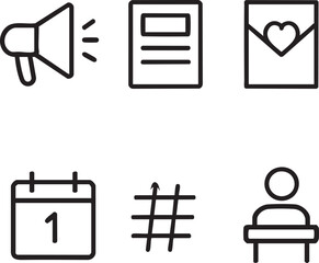 A clean and minimalist line art illustration featuring a megaphone, document, love letter, calendar, hashtag symbol, and a person at a podium, perfect for web design.