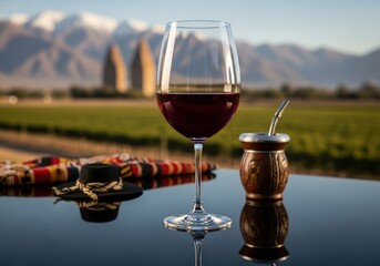 Glass of argentine malbec wine with a scenic view of a vineyard and the Andes mountains