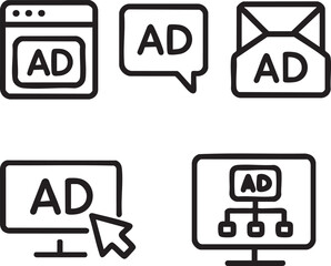 A collection of modern line art icons illustrating various forms of digital advertising, including web banners, email ads, and online campaign networks.