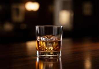 Glass of whiskey on the rocks with a single ice cube on a wooden bar table in a restaurant