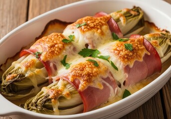 Belgian endives wrapped in ham and baked with cheese sauce in a gratin dish for dinner