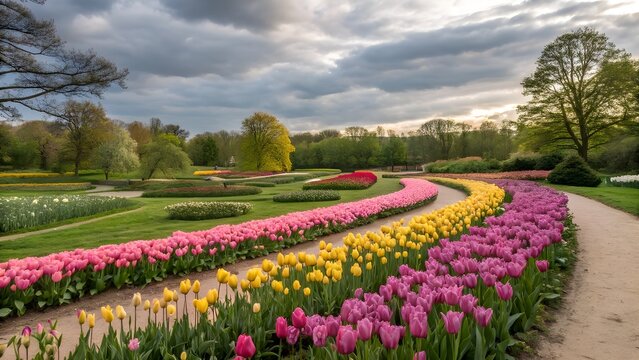Vibrant pink-yellow-purple tulips in a leveche