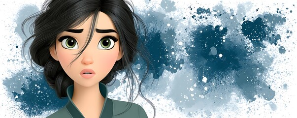 Animated Character With Dark Hair And Expressive Eyes Against A Splattered Background