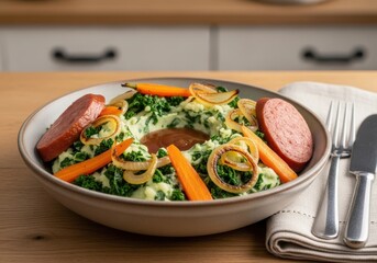 Dutch stamppot with kale mashed potatoes smoked sausage and gravy in a bowl on a table