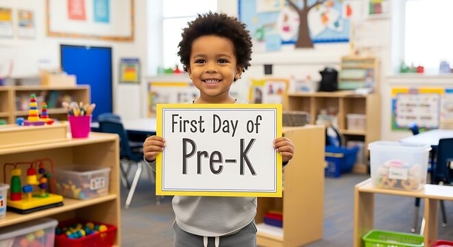 A smiling child holds a sign that says first day of pre k in a bright and colorful classroom setting