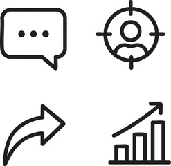 Obraz premium Collection of four simple line icons depicting communication, target audience, share, and growth, ideal for business presentations or marketing materials.