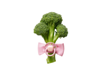 Green broccoli with pink pacifier and bow image, Isolated, Png Transparent Background