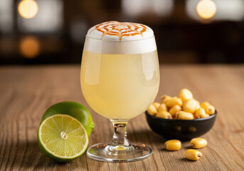 Traditional peruvian pisco sour cocktail with lime juice and egg white foam on a wooden table