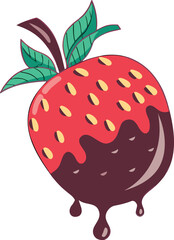Red strawberry dipped in dark chocolate with green leaves fruit dessert