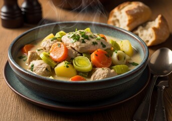 Waterzooi, hearty creamy belgian stew with chicken, fresh vegetables served steaming hot