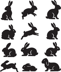 A Collection of Black Silhouette Rabbit Illustrations Depicting Various Poses and Activities of Bunnies Against a White Background