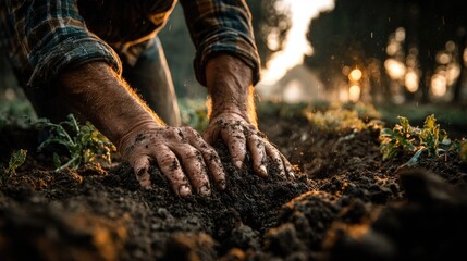Hands in the Earth: A close-up shot of a farmer's hands as he carefully plants seeds in rich, dark soil, illuminated by the warm glow of the rising sun.