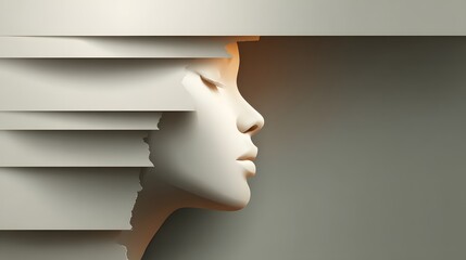 Profile view of a serene face, layered with paper-like forms.