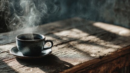 Warm Morning Brew: A dark cup of coffee, steaming invitingly, sits on a rustic wooden surface, inviting the viewer to savor the simple pleasures of a morning routine.