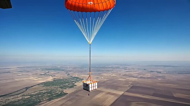 Aerial view of a vibrant orange parachute descending with cargo over vast farmland under clear skies